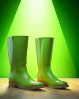 Vibrant green rain boots on a yellow and green background photo