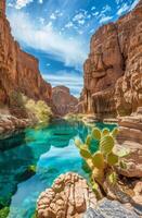 Serene desert oasis with turquoise waters and towering cliffs photo