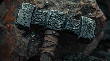 Close up of an ornate hammer with intricate designs photo