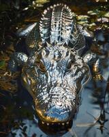 Close up of an alligator lurking in water photo