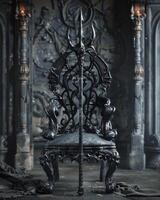 Mystical throne with ceremonial spear in a dark gothic setting photo