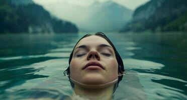 Serene woman floating in a tranquil mountain lake photo