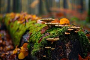 Mushrooms growing on a moss covered log in a vibrant autumn forest photo