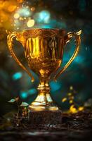 Golden trophy cup illuminated in a mystical forest setting photo