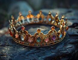 Elegant royal crown adorned with colorful gemstones on a textured surface photo
