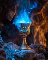 Mystical blue flames emanating from an ornate golden chalice against a rocky backdrop photo