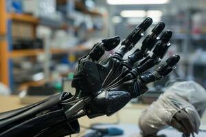Advanced Robotic Hand Demonstrating Dexterity in a Tech Lab photo