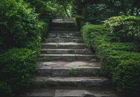 Serene Garden Pathway with Stone Steps Surrounded by Lush Greenery photo
