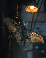 Moth illuminated by warm light at night photo