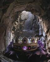 Mystical crown resting on velvet inside a mysterious cave photo