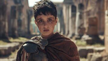 Young warrior in historical armor standing in ancient ruins photo