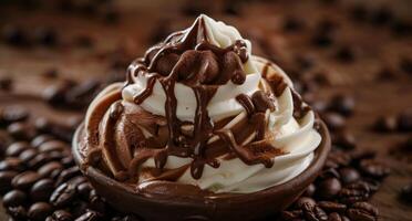 Decadent Chocolate and Vanilla Ice Cream Sundae Drizzled with Chocolate Sauce photo