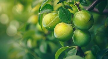 Fresh green plums on a tree branch with dew drops photo