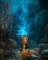 Mystical blue flame emanating from an ornate golden chalice in a dark cave photo