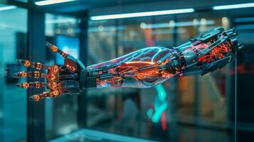 Futuristic robotic arm with glowing circuits in a high tech laboratory photo