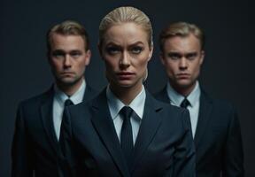 Professional team in dark suits posing with serious expressions photo