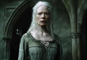 Mysterious medieval woman in ancient castle photo