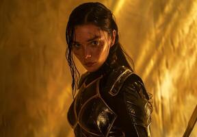 Warrior woman in armor standing against a golden backdrop photo