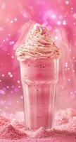 Delicious pink milkshake topped with whipped cream and sprinkles photo