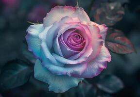 Stunning close up of a multicolored rose with dew drops photo
