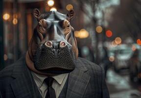 Surreal portrait of a businessman with a hippopotamus head in an urban setting photo