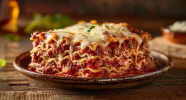 Delicious homemade lasagna on rustic wooden table photo