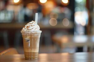 Iced coffee with whipped cream in a cafe setting photo