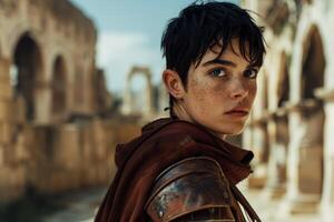 Young warrior in historical armor looking determined photo