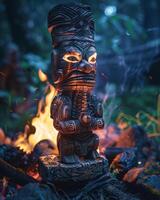 Mystical Tiki Statue by a Campfire at Night photo