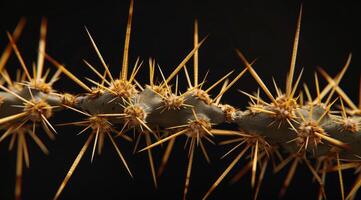 Close up of thorns on a cactus against a dark background photo