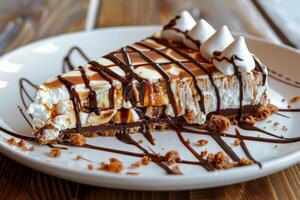 Delicious slice of chocolate drizzled pie on a white plate photo