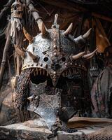 Intricate medieval warrior helmet displayed in a rustic setting photo