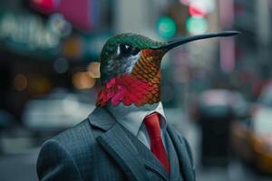 Surreal portrait of a hummingbird headed businessman in the city photo
