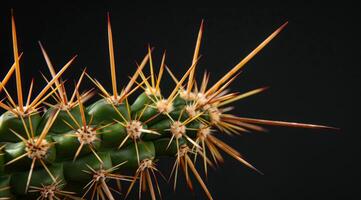 Close up of a cactus with sharp spines against a dark background photo