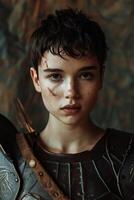 Young medieval warrior with determined expression photo