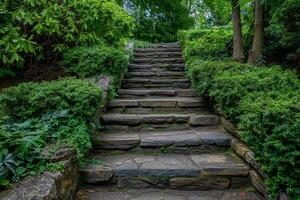Serene Garden Pathway with Stone Steps Surrounded by Lush Greenery photo
