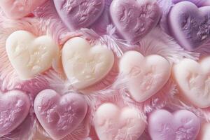 Assorted Heart Shaped Soaps on a Soft Feather Background photo