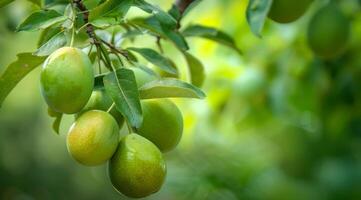 Fresh green plums hanging on a branch in a garden photo