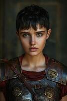 Young warrior in medieval armor posing with a determined expression photo