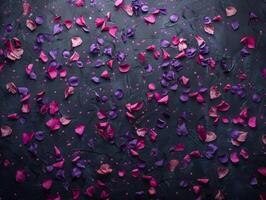 Scattered colorful flower petals on a dark background photo