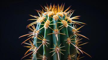 Close up of a cactus with sharp spines against a dark background photo