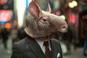 Surreal portrait of a person with an armadillo head in an urban setting photo