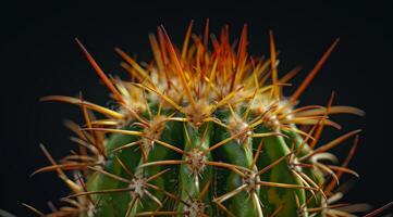 Close up of a vibrant cactus with sharp spines against a dark background photo