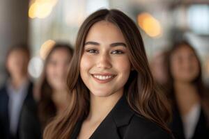 Confident young professional woman smiling in a business setting photo