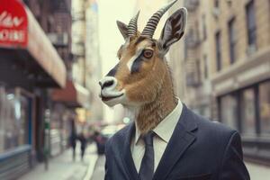 Surreal portrait of a goat in a business suit in an urban setting photo