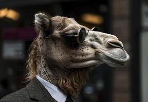 Stylish camel in sunglasses and suit posing in urban setting photo