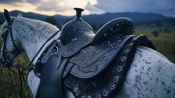 Ornate saddle on a horse in a scenic landscape at dusk photo