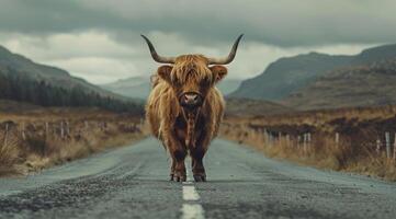 Highland Cow Standing on a Remote Road with Scenic Mountain Background photo