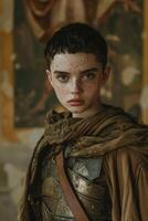 Young medieval warrior in armor posing with a determined expression photo