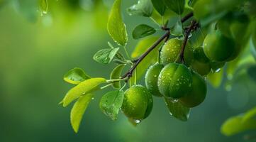 Fresh green plums on a branch with raindrops photo